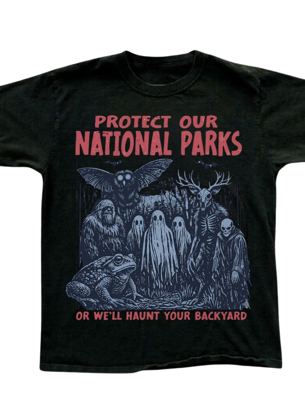 Gildan Black Tee with Pink Lettering and Blue-Gray Haunted Illustration